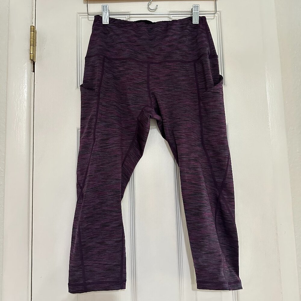 High Waist Yoga Capris with Pockets - Purple Tummy Control Stretchy Fit Fast Dry